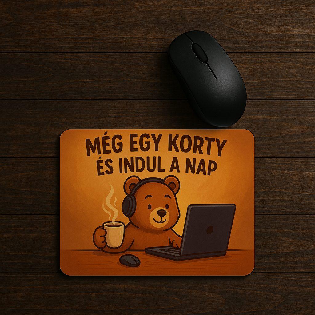 Maci egérpad – „Még egy korty és indul a nap” felirattal, testreszabható
