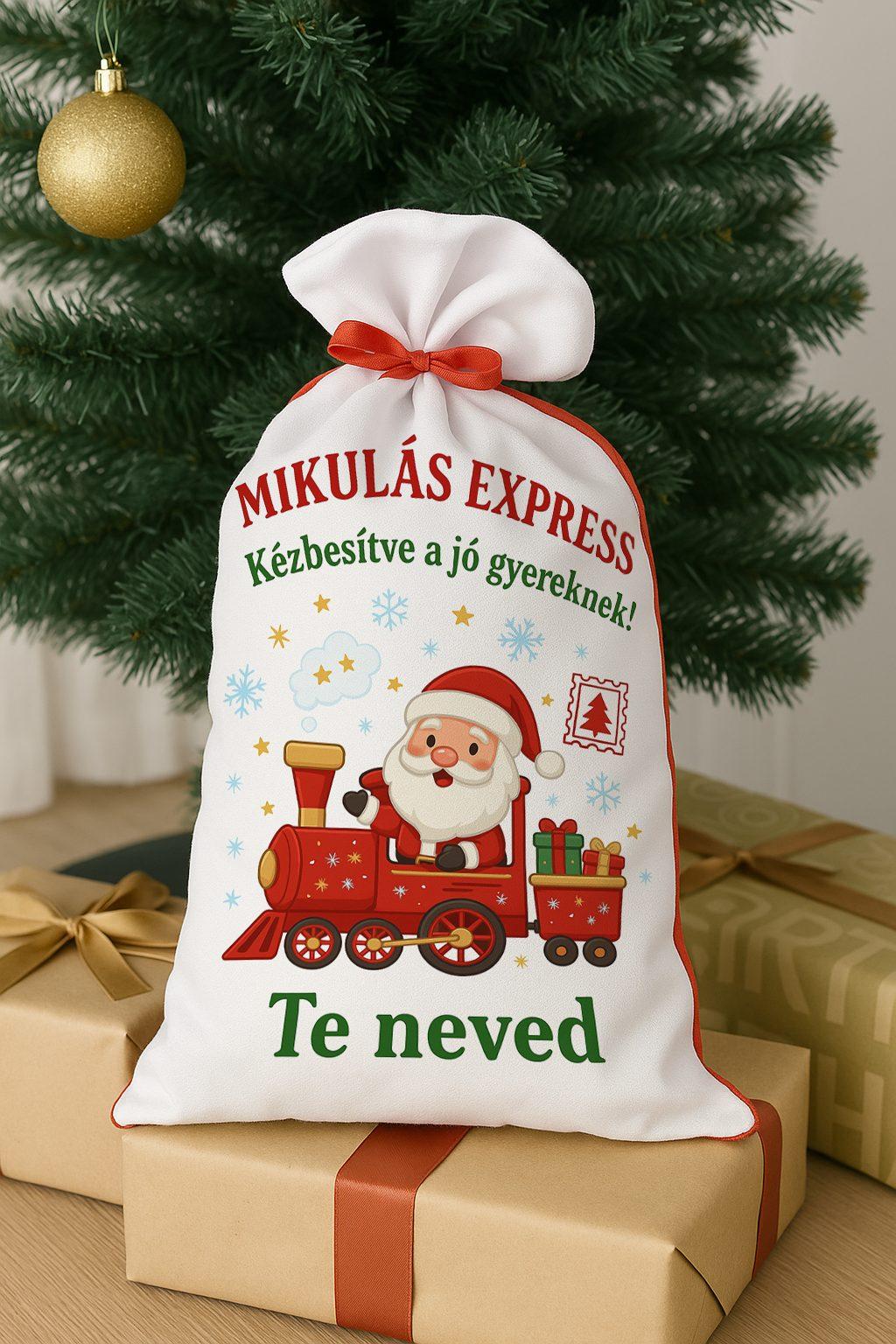 Mikulás zsák „Mikulás Expressz” poliészterből piros hátoldallal és fehér nyomtatható előlappal