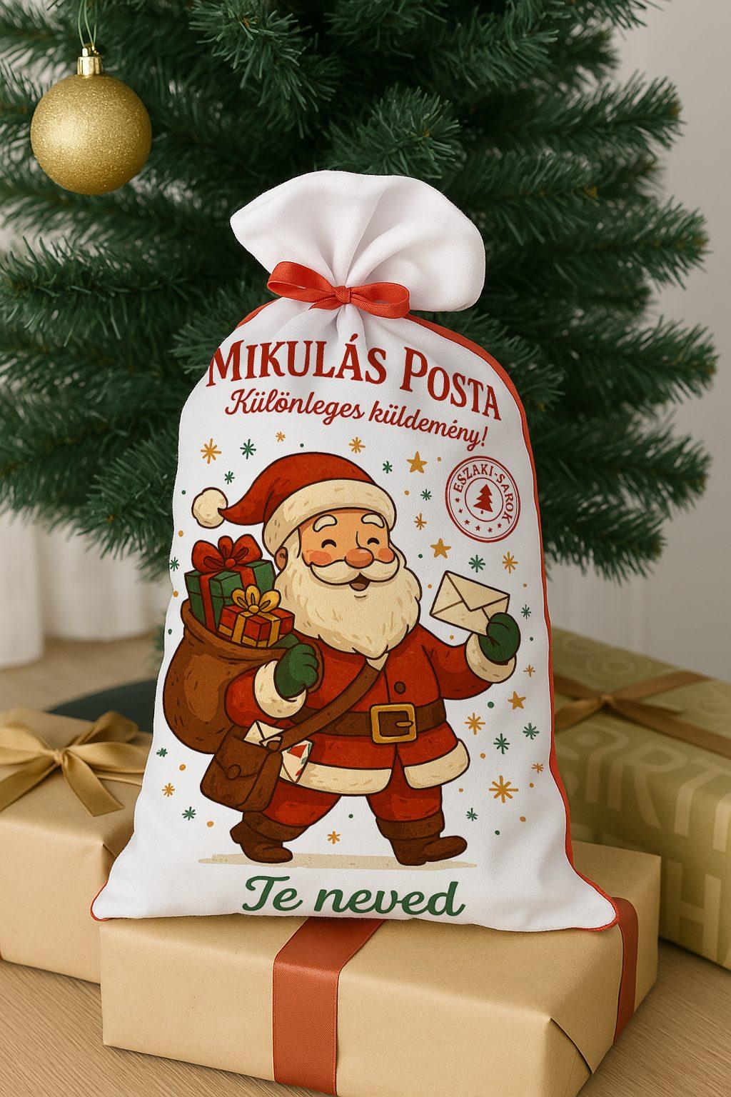 Mikulás zsák „Mikulás Posta” poliészterből piros hátoldallal és fehér nyomtatható előlappal