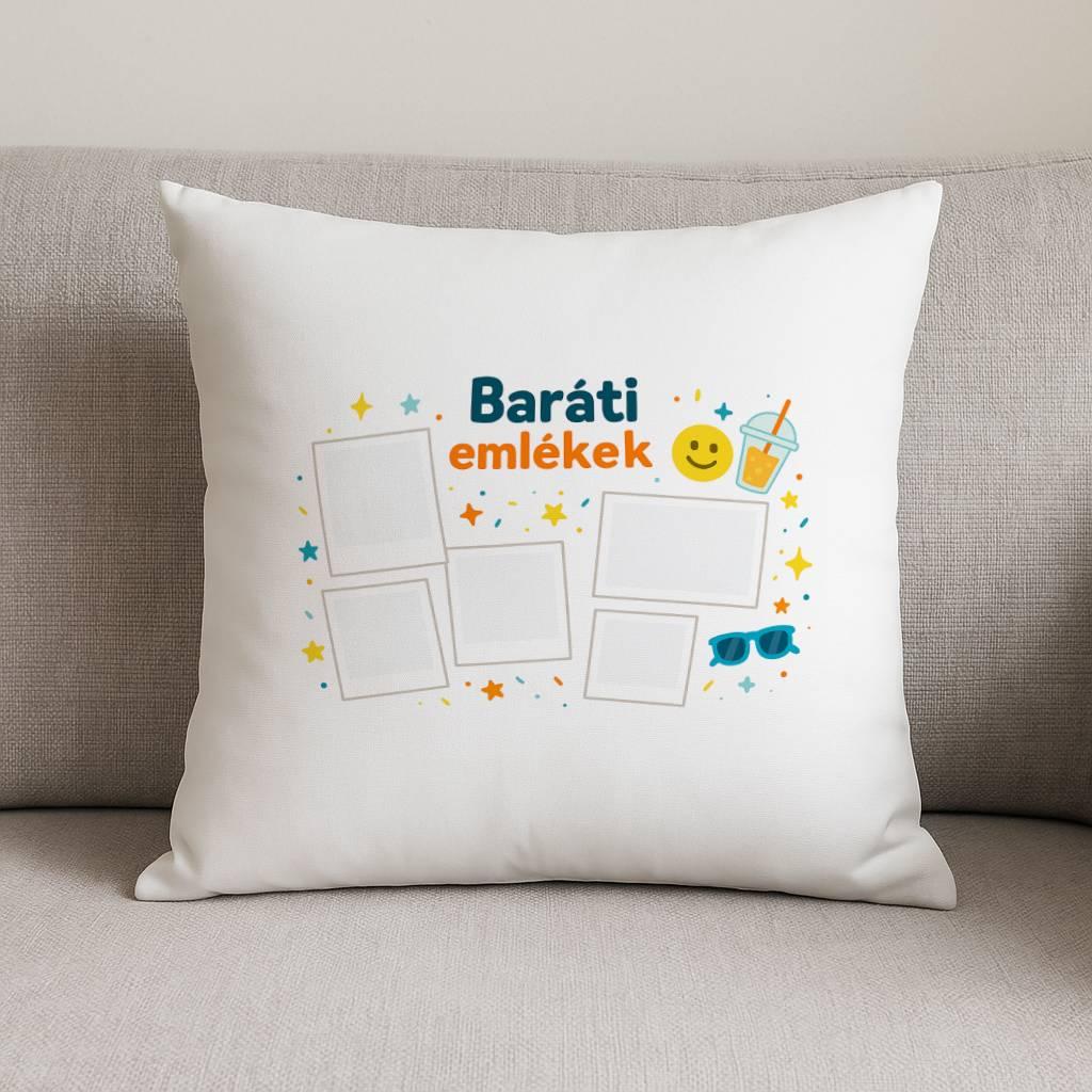 Baráti emlékek díszpárna poliészterből 40×40 cm személyre szabható fotókkal