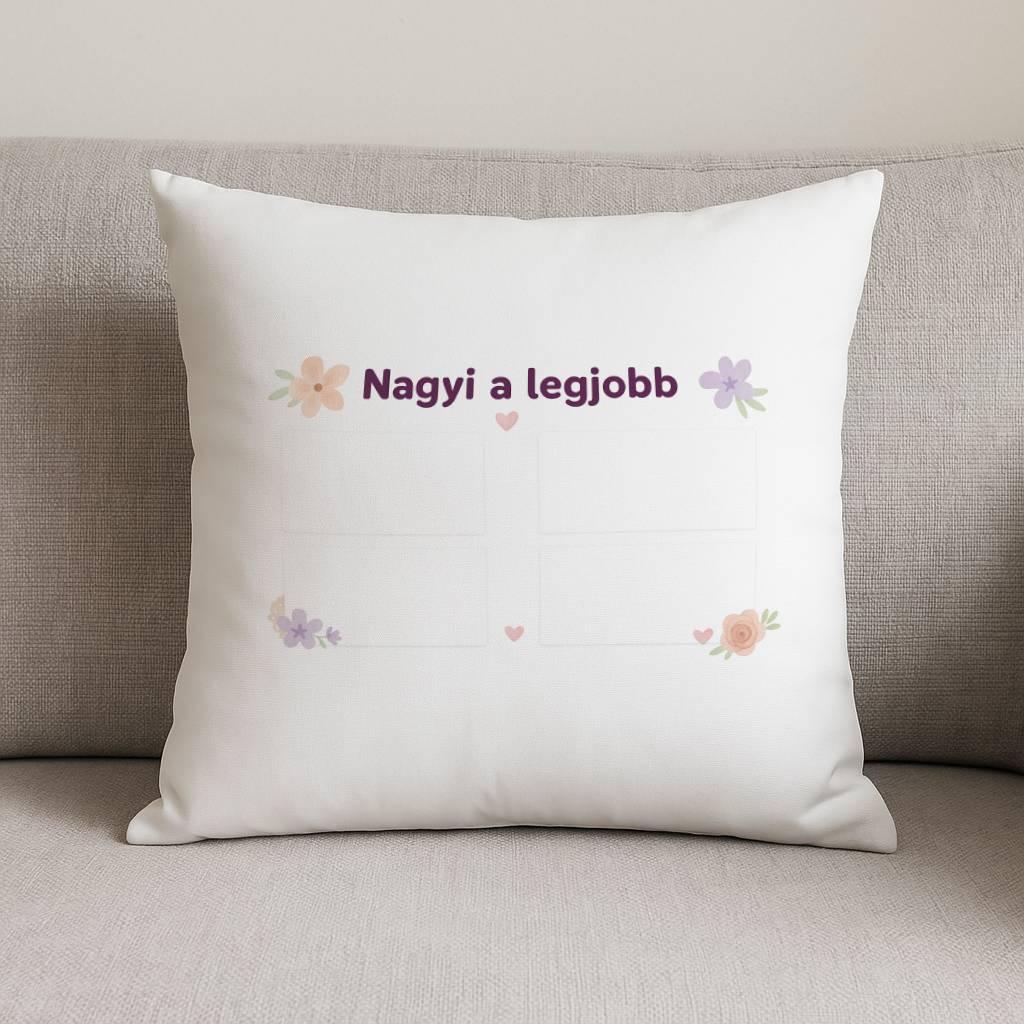 Nagyi a legjobb díszpárna poliészterből 40×40 cm személyre szabható fotókkal