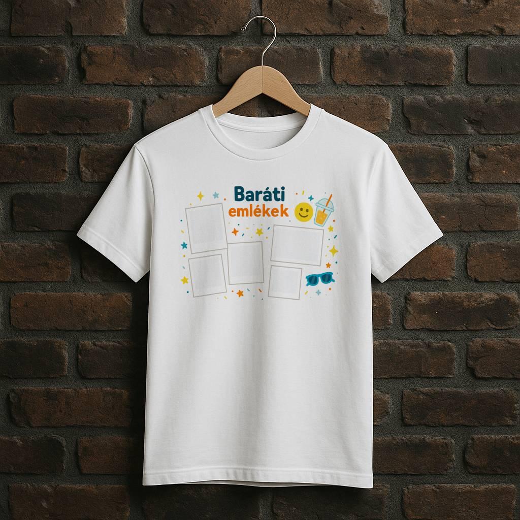 Fehér „Baráti emlékek” személyre szabható póló 4 fotóhelyes, vidám baráti dizájnnal