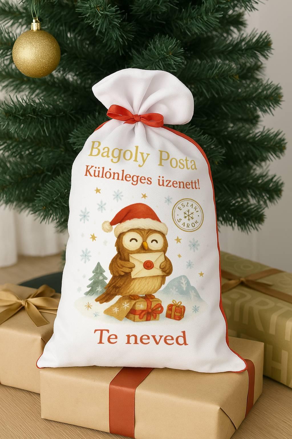 Bagoly posta egyedi mikulás zsák névvel poliészter anyagból piros hátoldallal és fehér nyomtatható előlappal