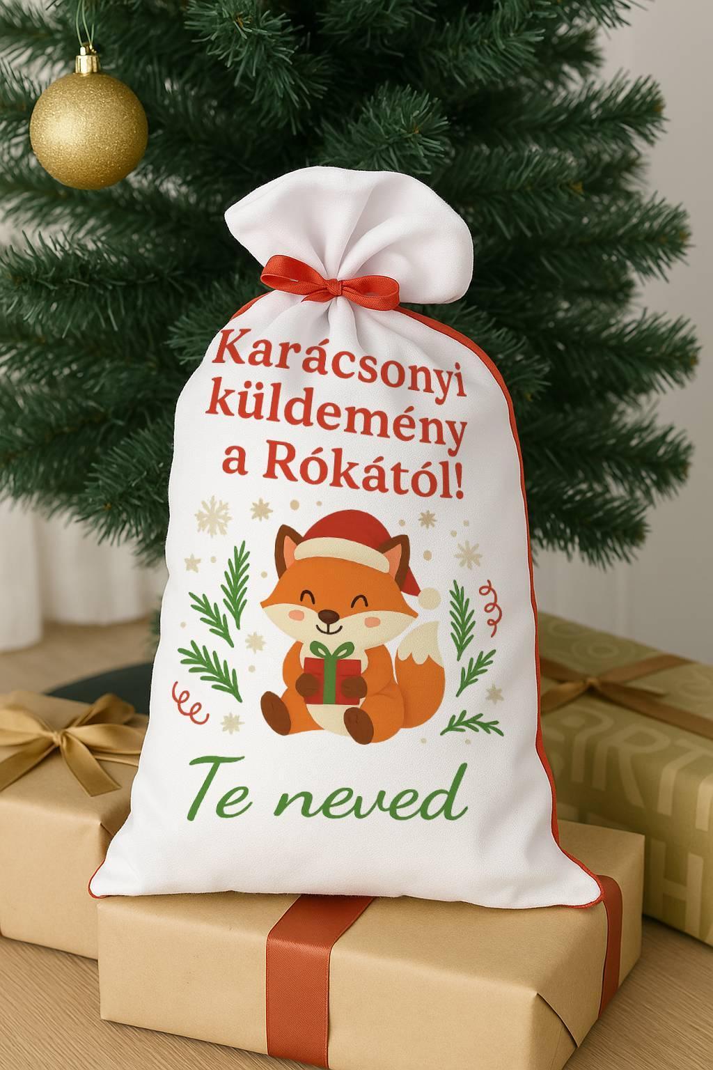 Karácsonyi küldemény mikulászsák poliészterből piros hátoldallal és fehér nyomtatható előlappal