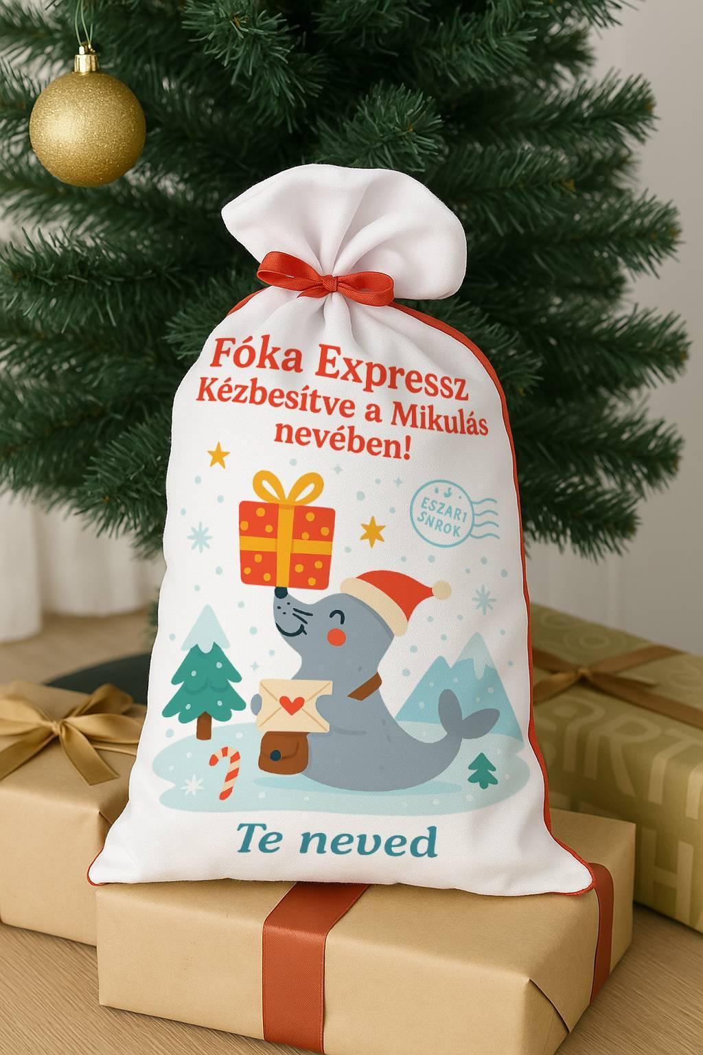 Fóka Expressz egyedi mikulászsák poliészterből piros hátoldallal és fehér nyomtatható előlappal