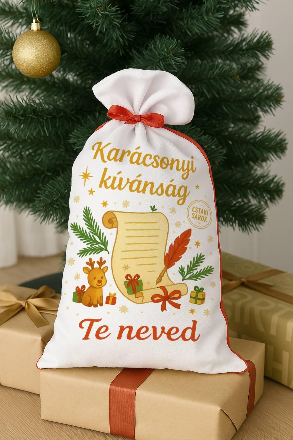 Karácsonyi kívánság mikulászsák poliészterből piros hátoldallal és fehér nyomtatható előlappal