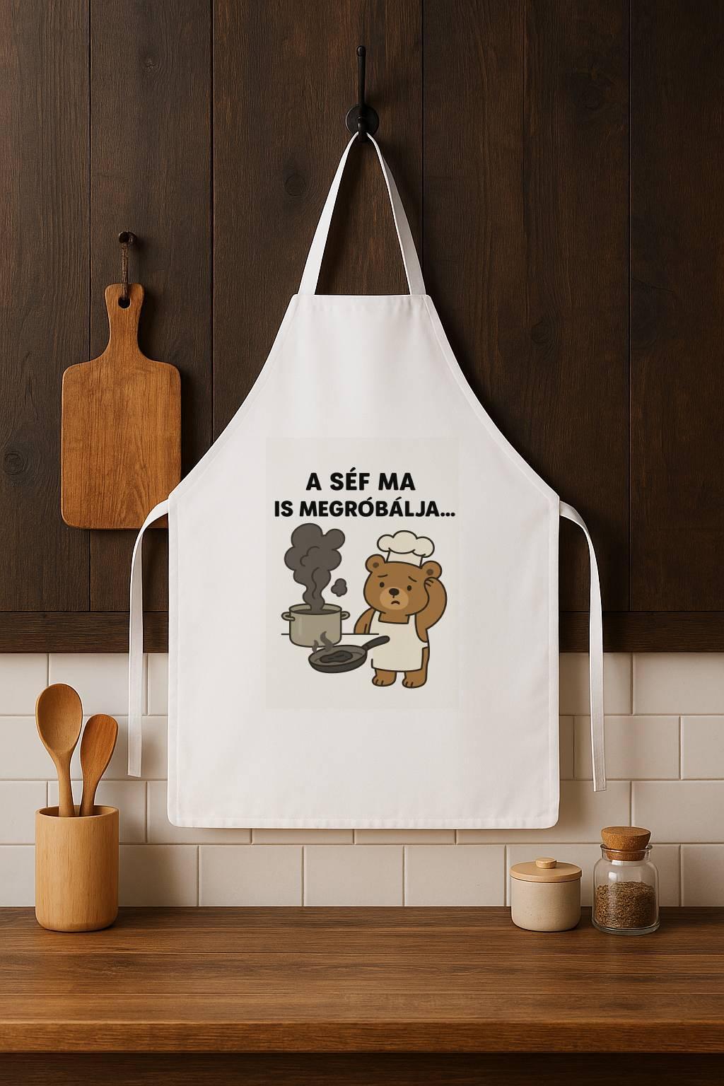 Humoros konyhai kötény – A séf ma is megpróbálja dizájn, 72x52 cm poliészter
