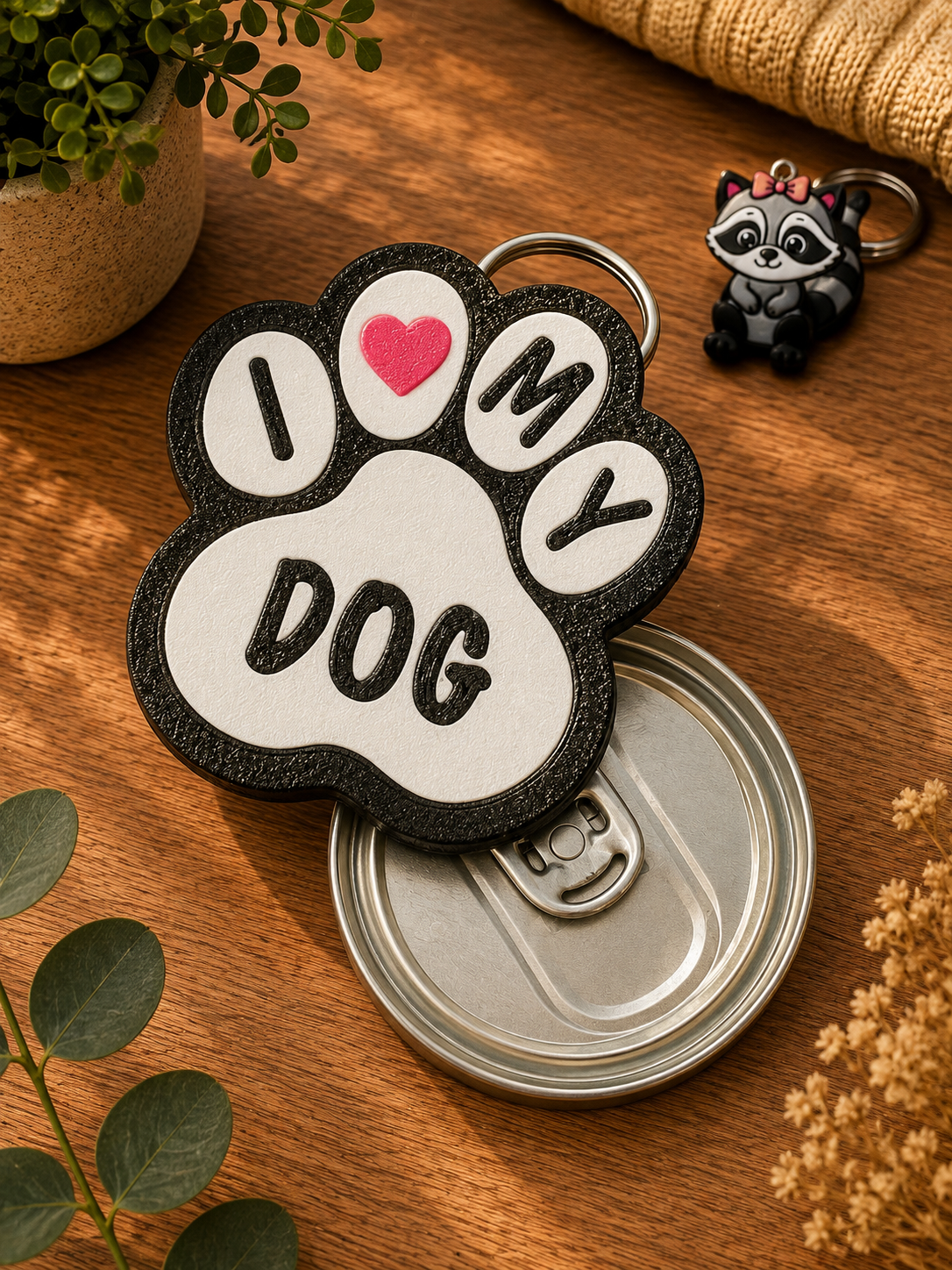 Dog doboznyitó I Love My Dog mancs mintával, 3D nyomtatott kulcstartó 6,5 × 7 cm méretben